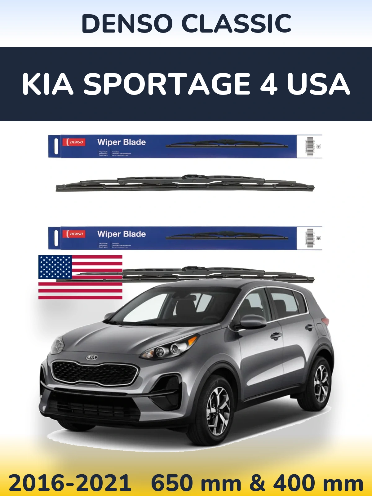 Front wiper blade set Denso Classic 650 & 400 mm for KIA Sportage 4 USA 2016-2021