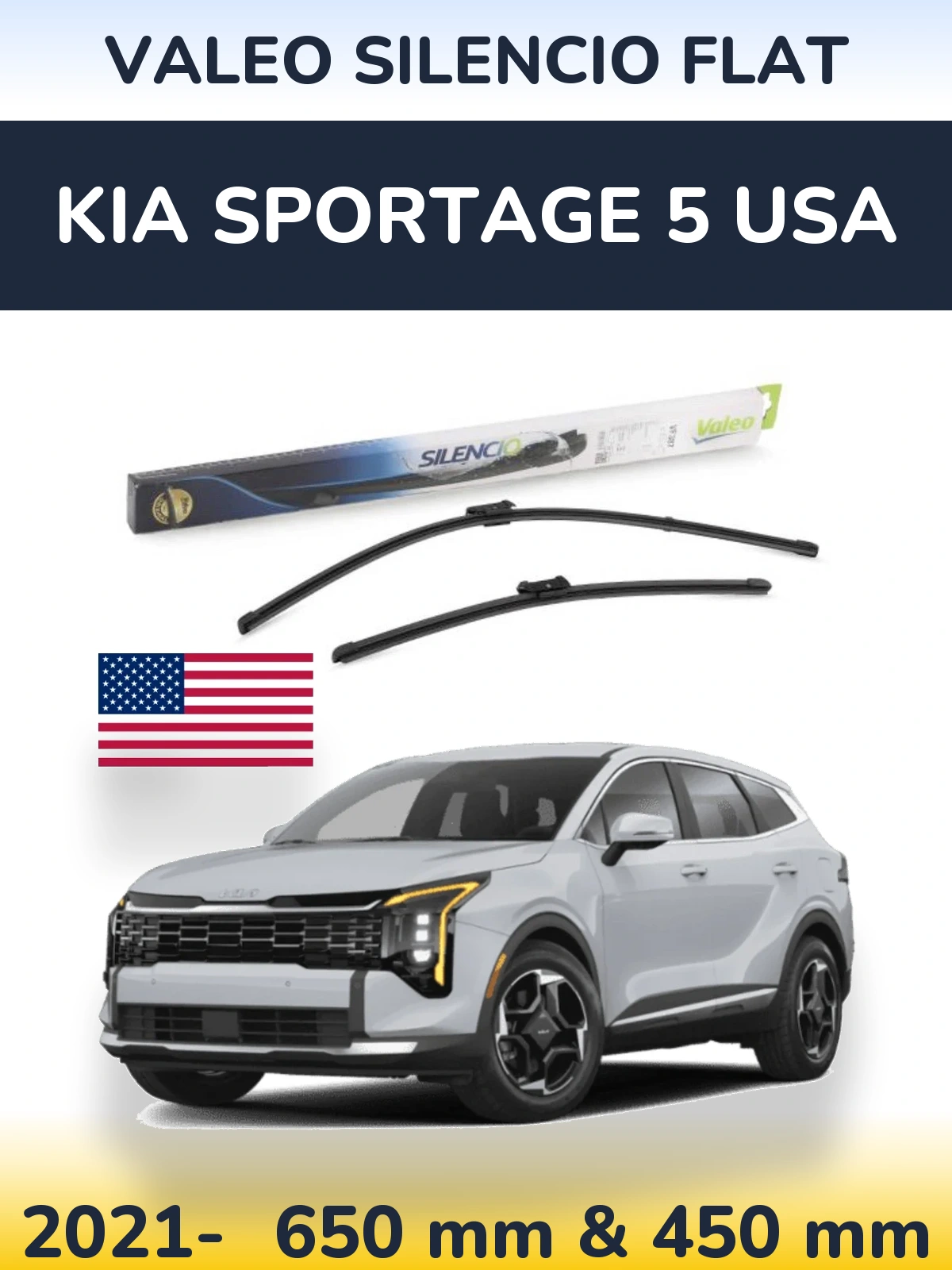 Front wiper blade set Valeo Silencio Flat 650 & 450 mm for KIA Sportage 5 USA 2021-2026