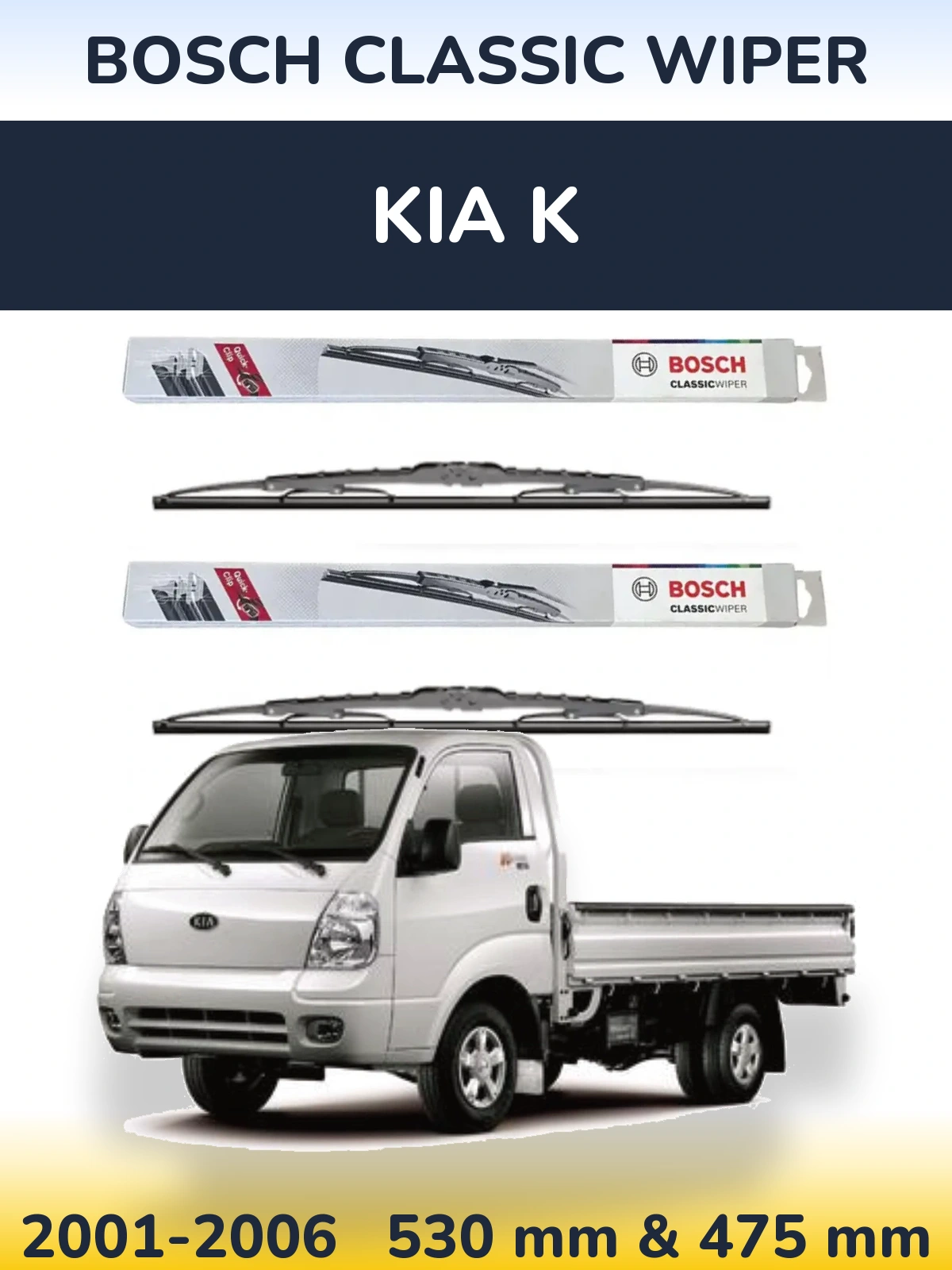 Front wiper blade set BOSCH Classic Wiper 530 & 475 mm for KIA K 2001-2006