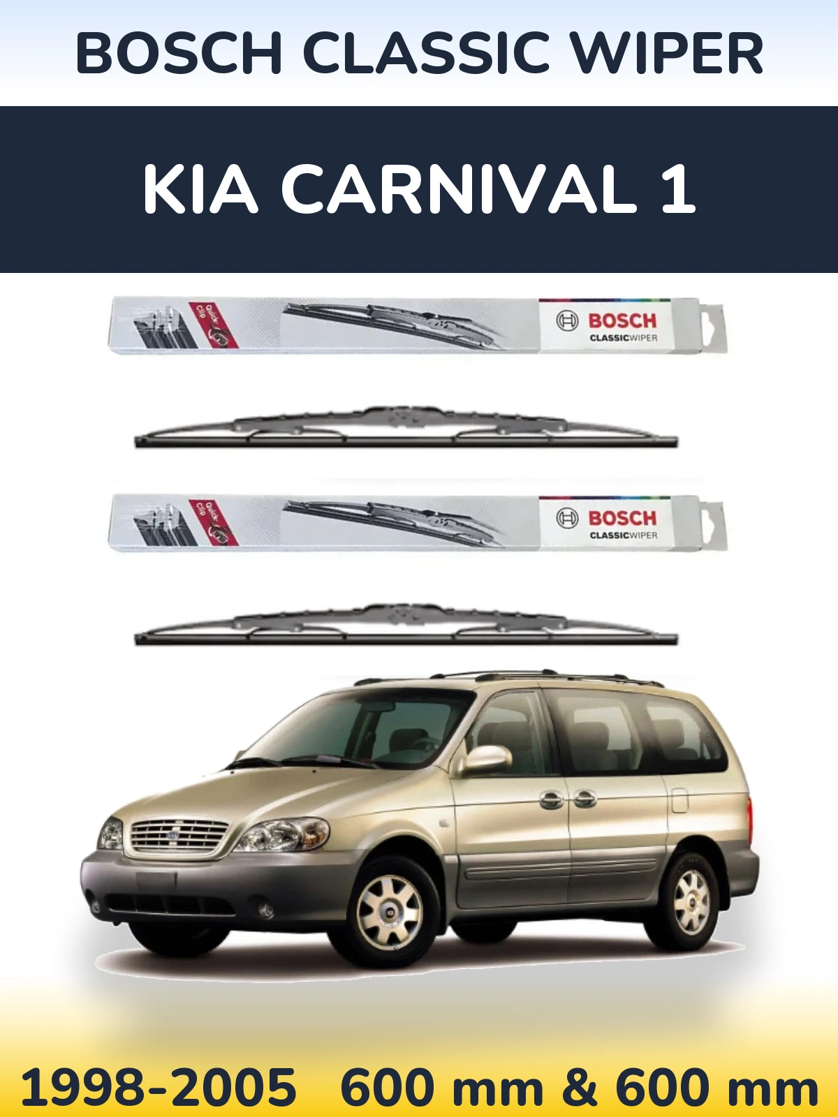 Front wiper blade set BOSCH Classic Wiper 600 & 600 mm for KIA Carnival 1 1998-2005