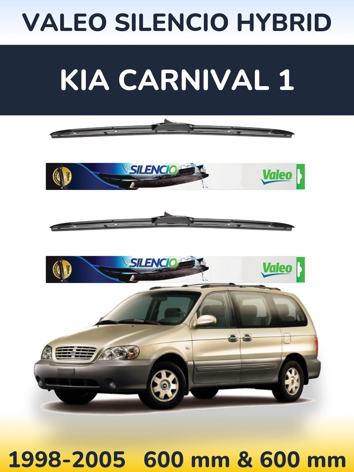 Front wiper blade set Valeo Silencio Hybrid 600 & 600 mm for KIA Carnival 1 1998-2005