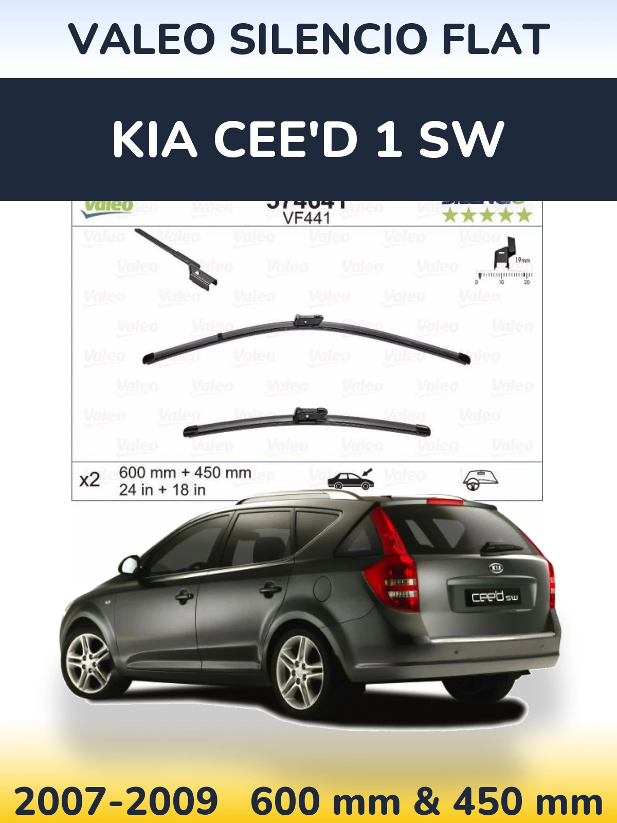 Front wiper blade set Valeo Silencio Flat 600 & 450 mm for KIA Cee'd 1 SW 2007-2009
