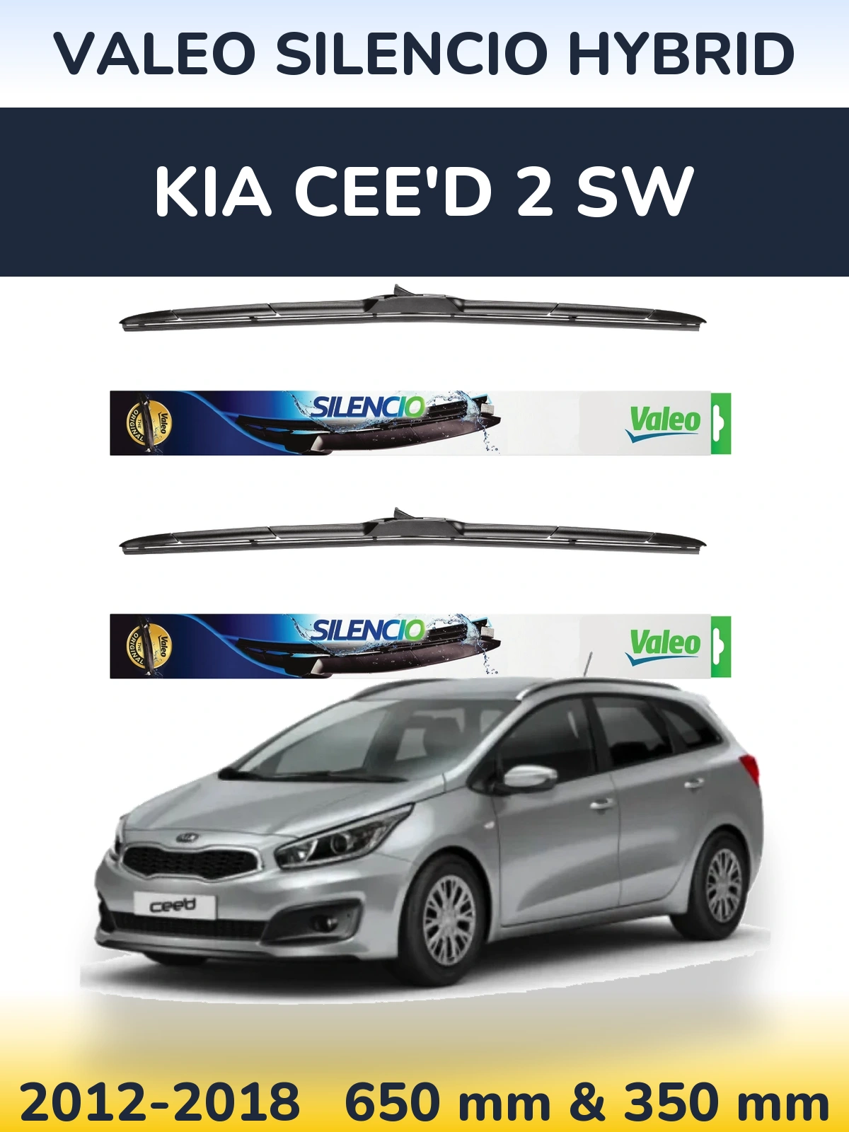 Front wiper blade set Valeo Silencio Hybrid 650 & 350 mm for KIA Cee'd 2 SW 2012-2018