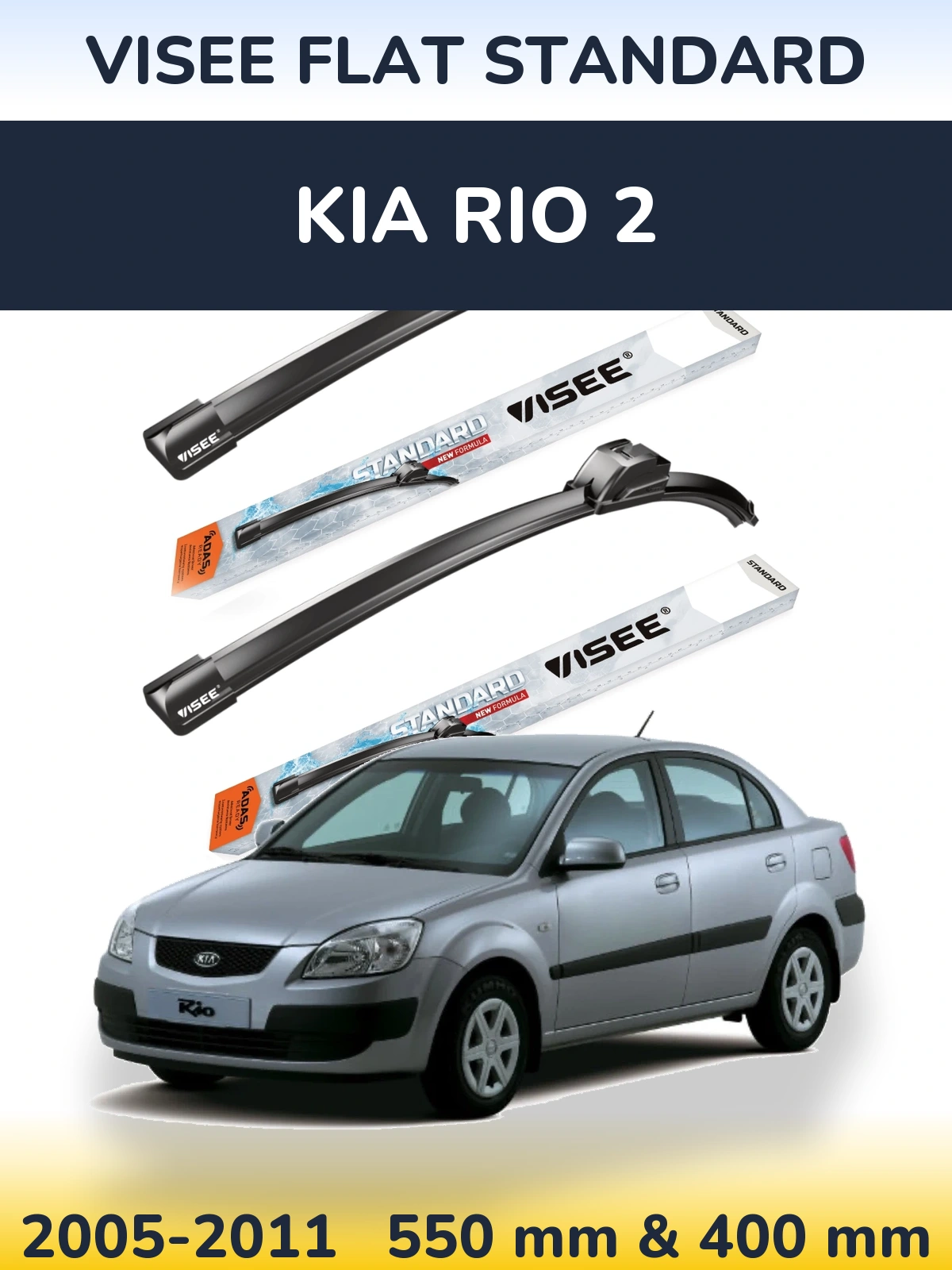 Front wiper blade set VISEE FLAT STANDARD 550 & 400 mm for KIA Rio 2 2005-2011
