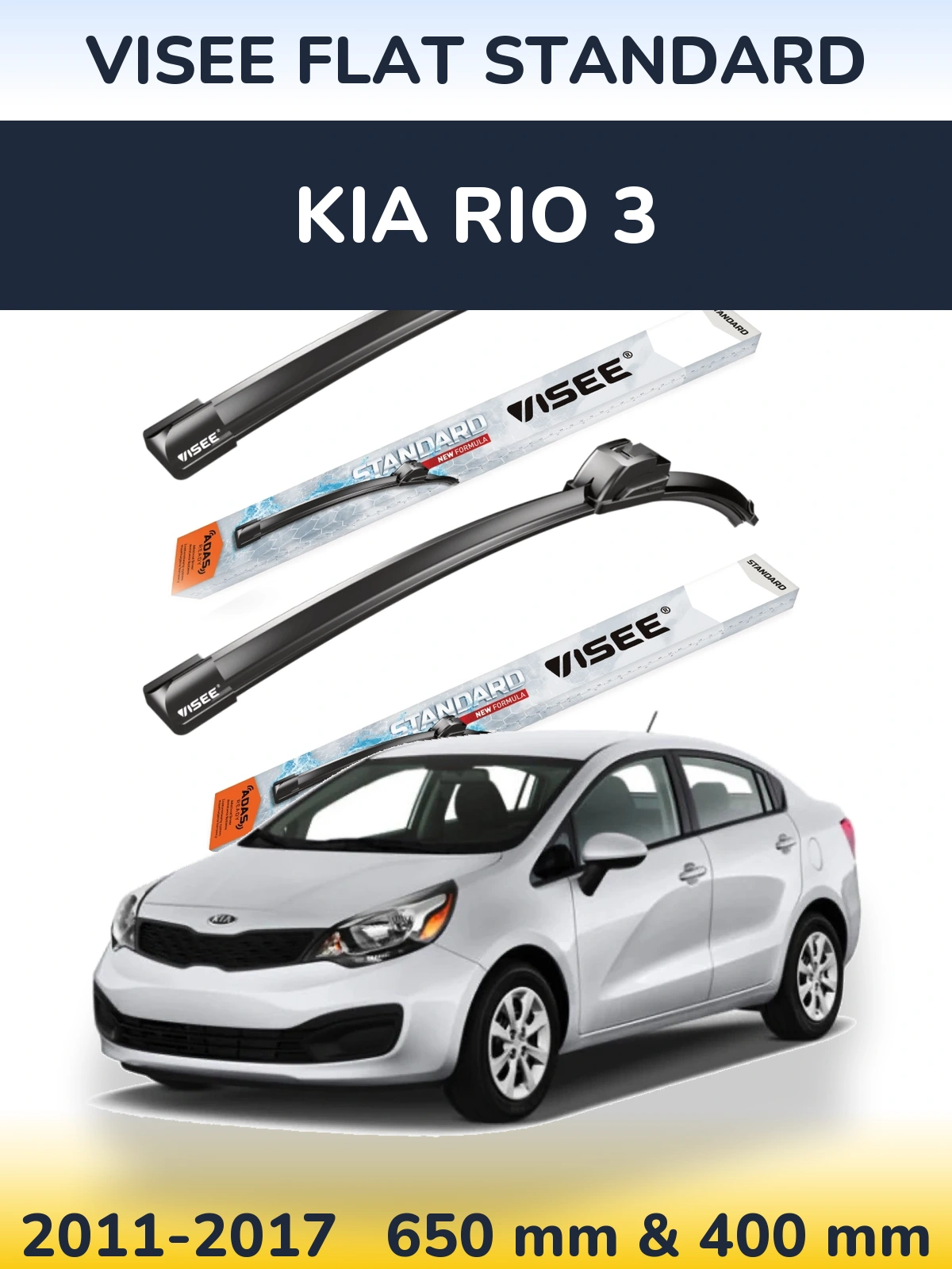 Front wiper blade set VISEE FLAT STANDARD 650 & 400 mm for KIA Rio 3 2011-2017