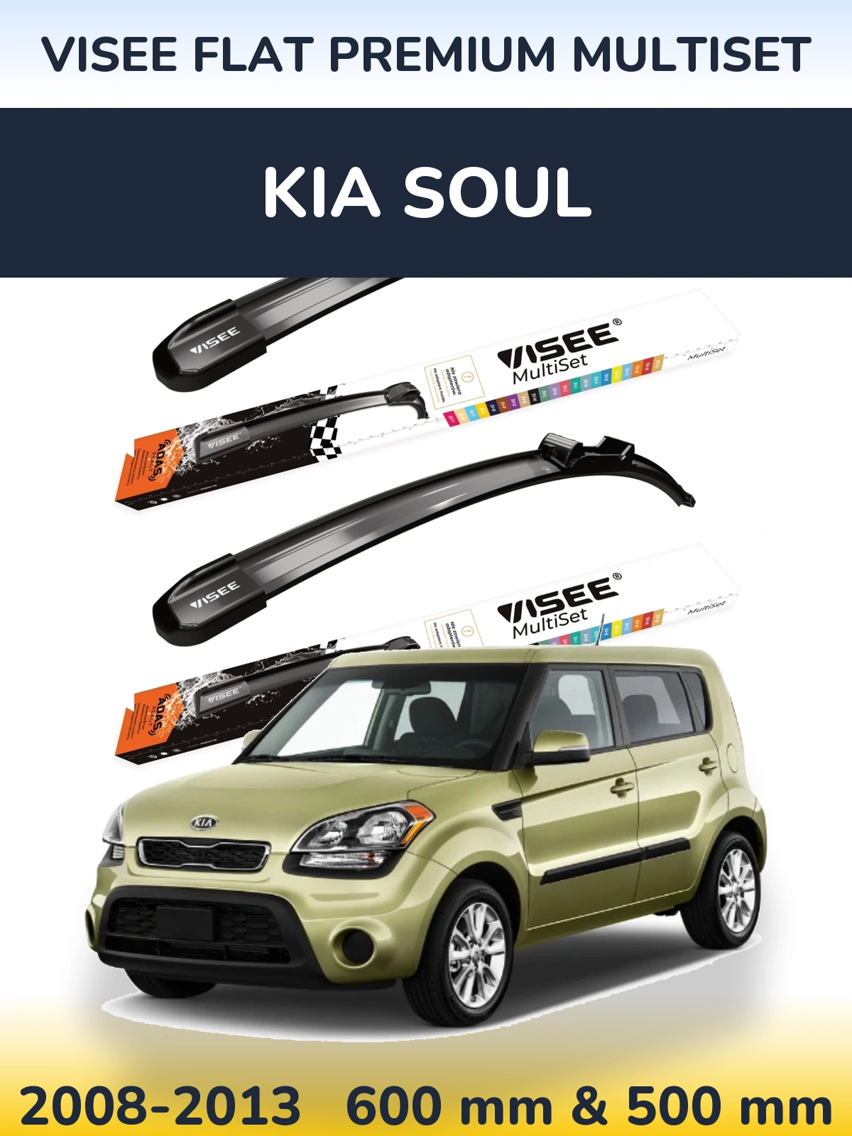 Front wiper blade set VISEE FLAT PREMIUM MultiSet 600 & 500 mm for KIA Soul 2008-2013
