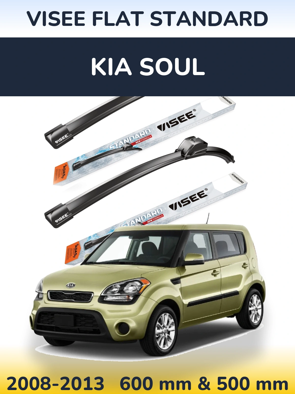 Front wiper blade set VISEE FLAT STANDARD 600 & 500 mm for KIA Soul 2008-2013