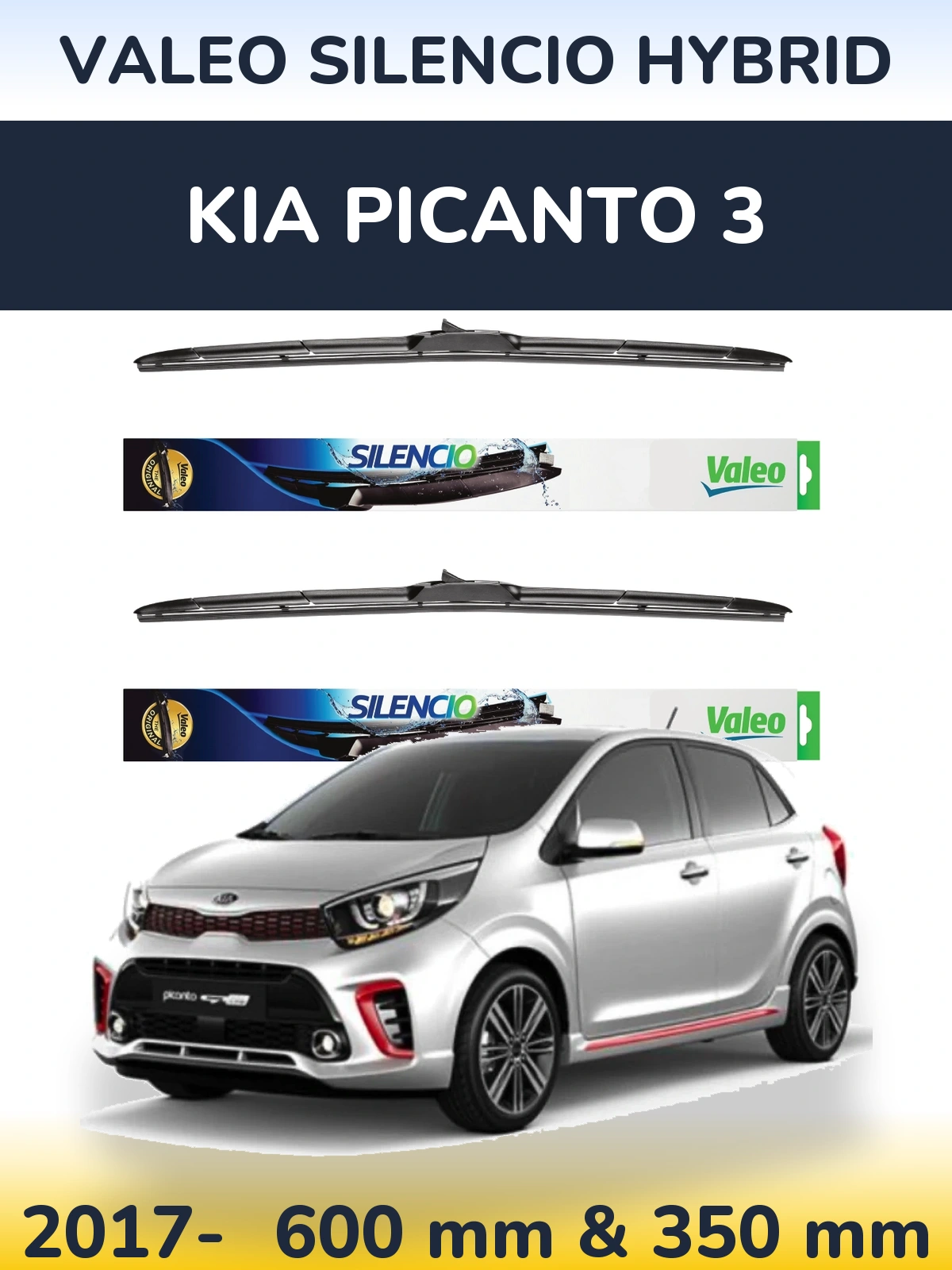 Front wiper blade set Valeo Silencio Hybrid 600 & 350 mm for KIA Picanto 3 2017-2026