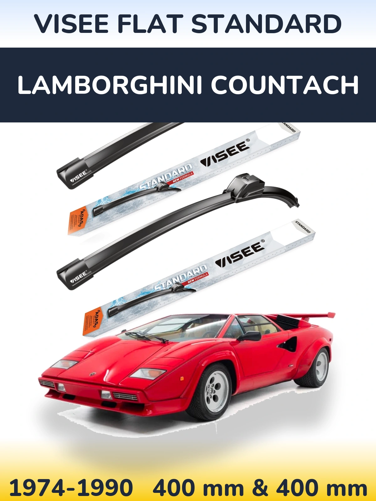 Front wiper blade set VISEE FLAT STANDARD 400 & 400 mm for Lamborghini Countach 1974-1990