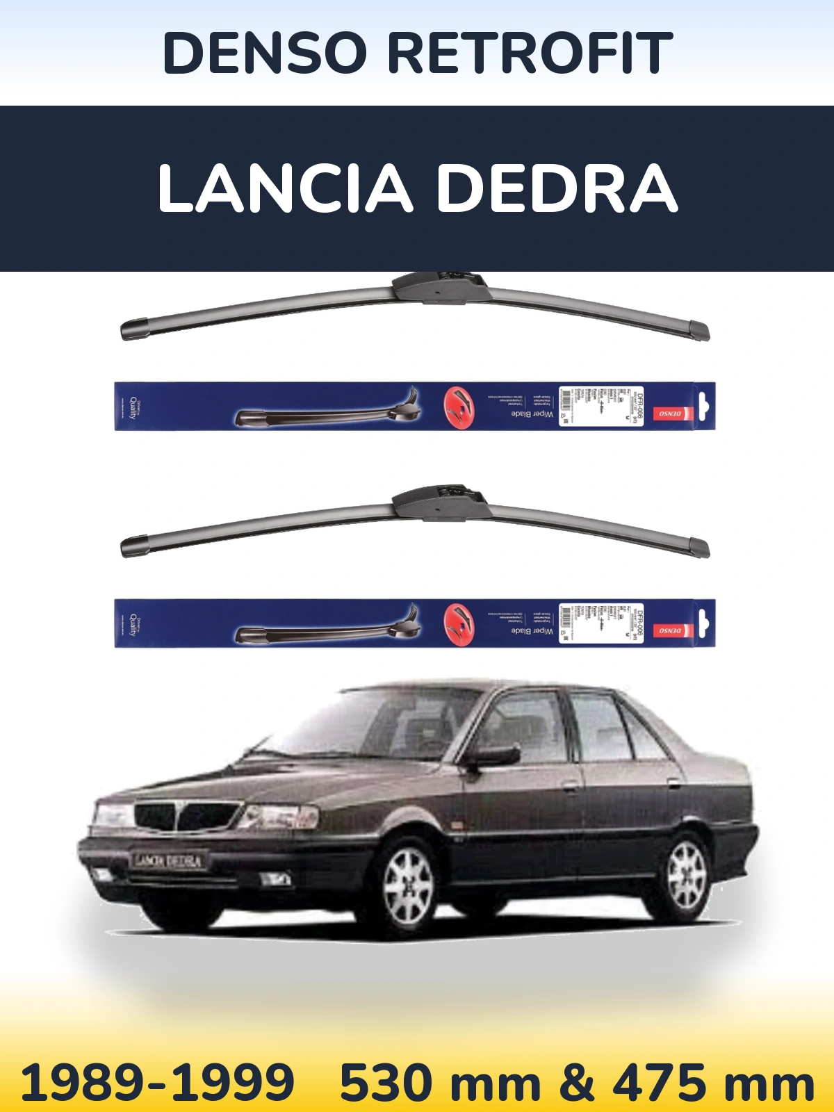 Front wiper blade set Denso Retrofit 530 & 475 mm for Lancia Dedra 1989-1999