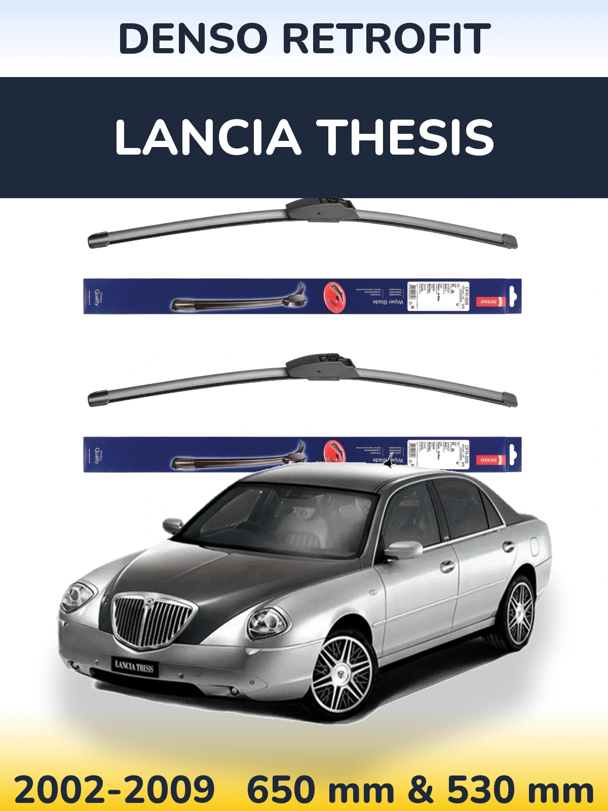 Front wiper blade set Denso Retrofit 650 & 530 mm for Lancia Thesis 2002-2009