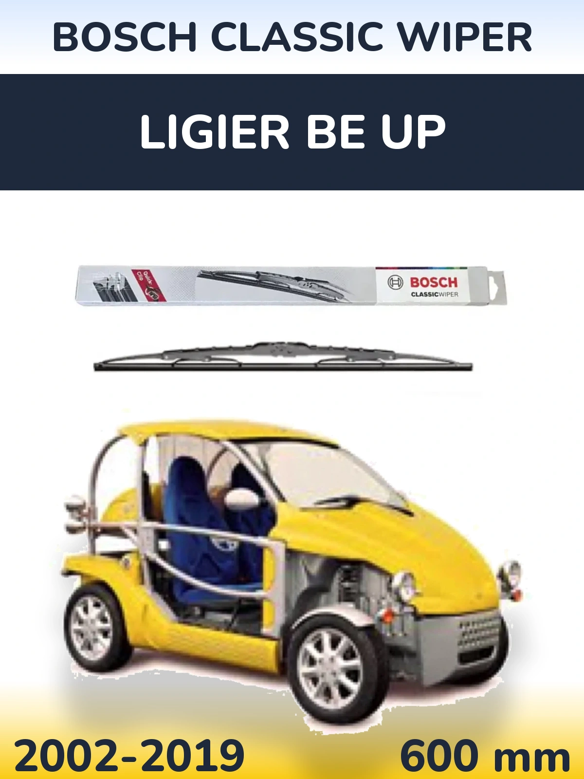 Front wiper blade BOSCH Classic Wiper 600 mm for Ligier Be Up 2002-2019