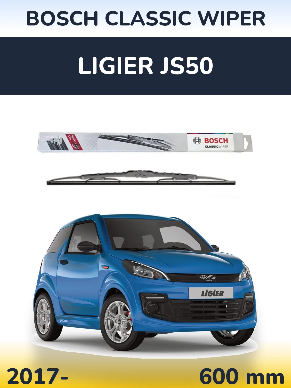 Front wiper blade BOSCH Classic Wiper 600 mm for Ligier JS50 2017-2026