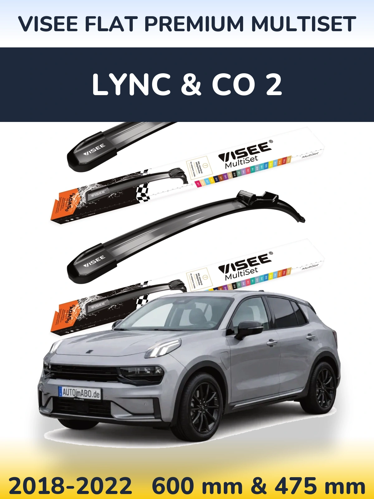 Комплект передних дворников VISEE FLAT PREMIUM MultiSet 600 & 475 мм для Lync & Co 2 2018-2022