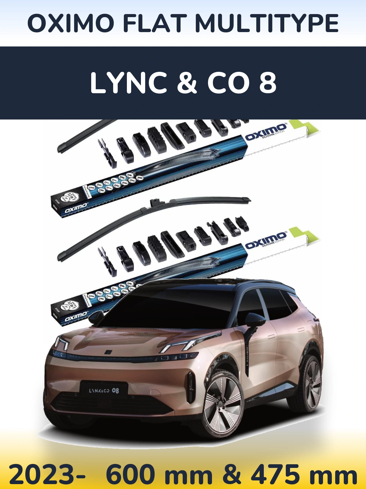 Комплект передніх щіток Oximo Flat MultiТипe 600 & 475 мм для Lync & Co 8 2023-2026