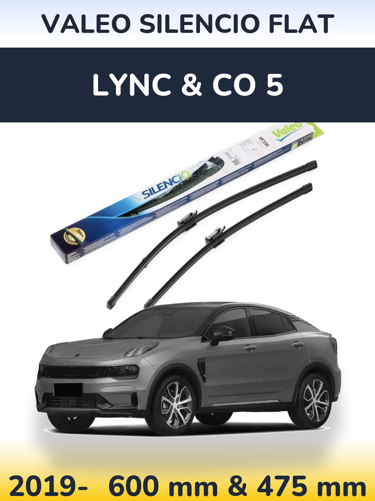 Front wiper blade set Valeo Silencio Flat 600 & 475 mm for Lync & Co 5 2019-2026