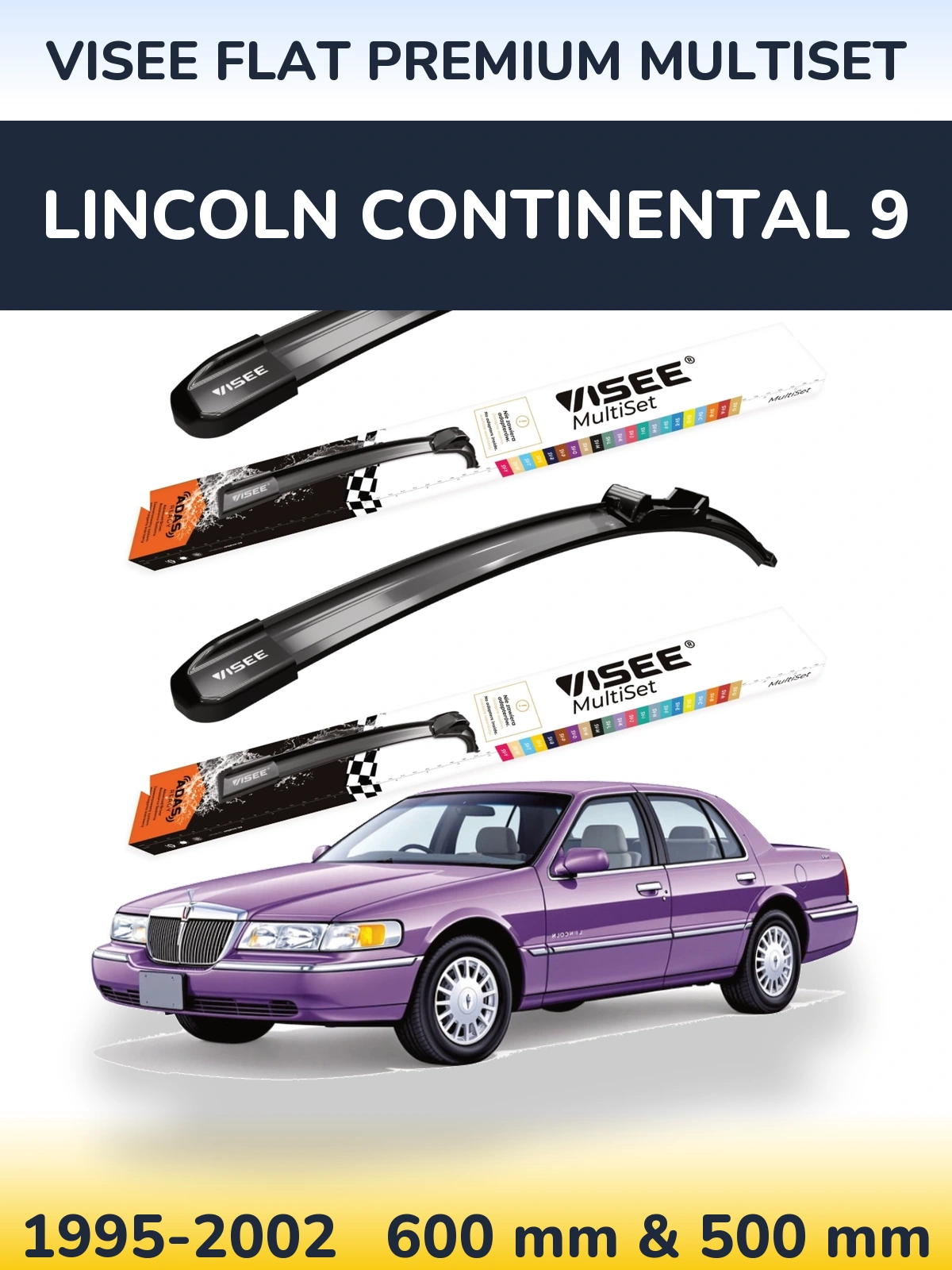 Комплект передних дворников VISEE FLAT PREMIUM MultiSet 600 & 500 мм для Lincoln Continental 9 1995-2002