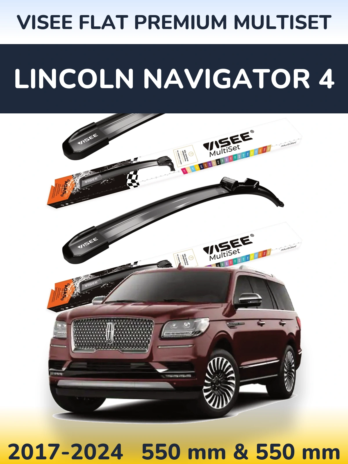 Komplet przednich wycieraczek VISEE FLAT PREMIUM MultiSet 550 & 550 mm do Lincoln Navigator 4 2017-2024