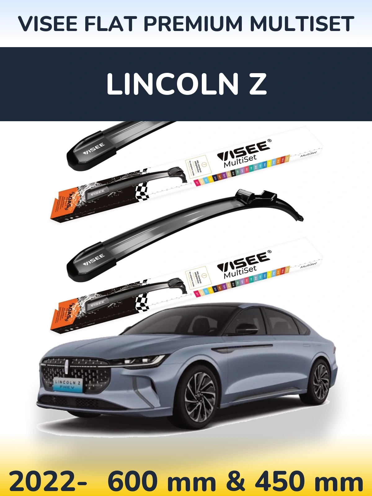 Комплект передних дворников VISEE FLAT PREMIUM MultiSet 600 & 450 мм для Lincoln Z 2022-2026