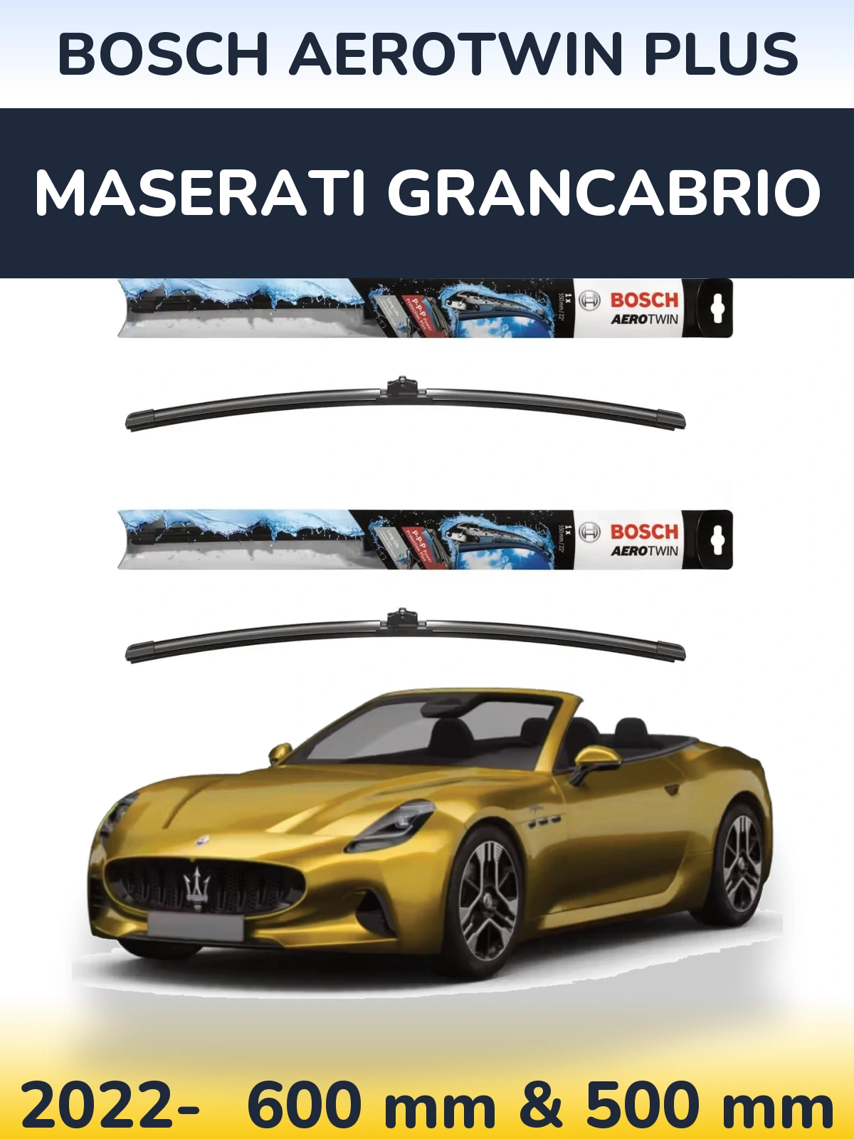 Front wiper blade set BOSCH AeroTwin Plus 600 & 500 mm for Maserati GranCabrio 2022-2026