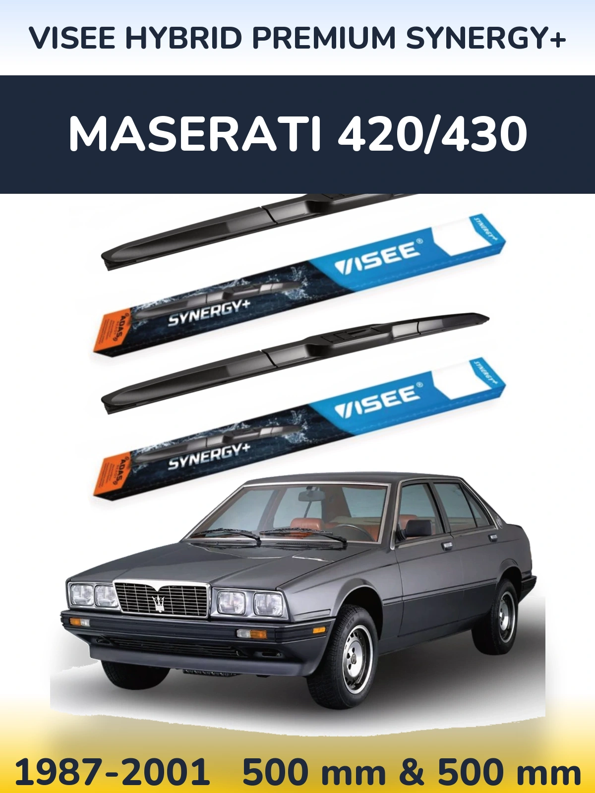 Komplet przednich wycieraczek VISEE HYBRID PREMIUM SYNERGY+ 500 & 500 mm do Maserati 420/430 1987-2001
