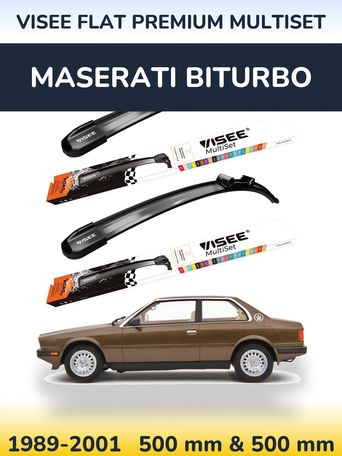 Front wiper blade set VISEE FLAT PREMIUM MultiSet 500 & 500 mm for Maserati Biturbo 1989-2001