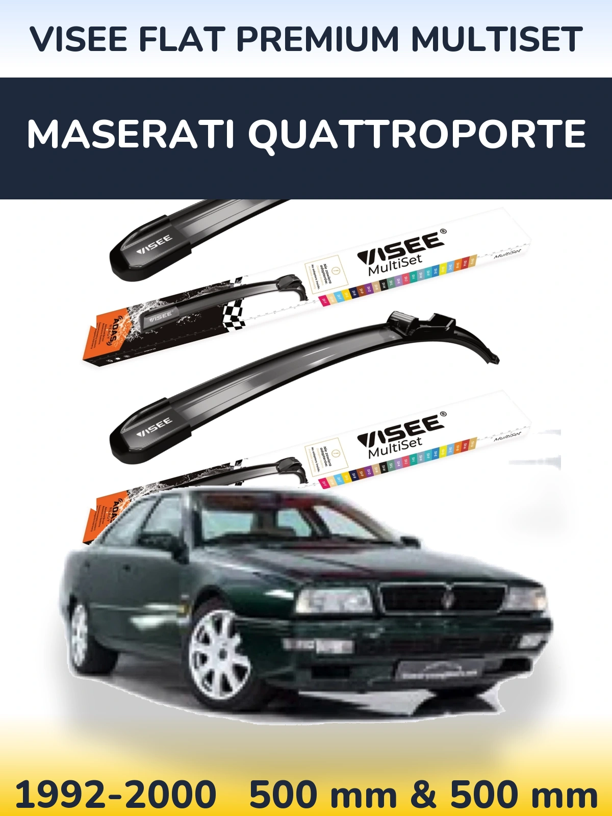 Front wiper blade set VISEE FLAT PREMIUM MultiSet 500 & 500 mm for Maserati Quattroporte 1992-2000