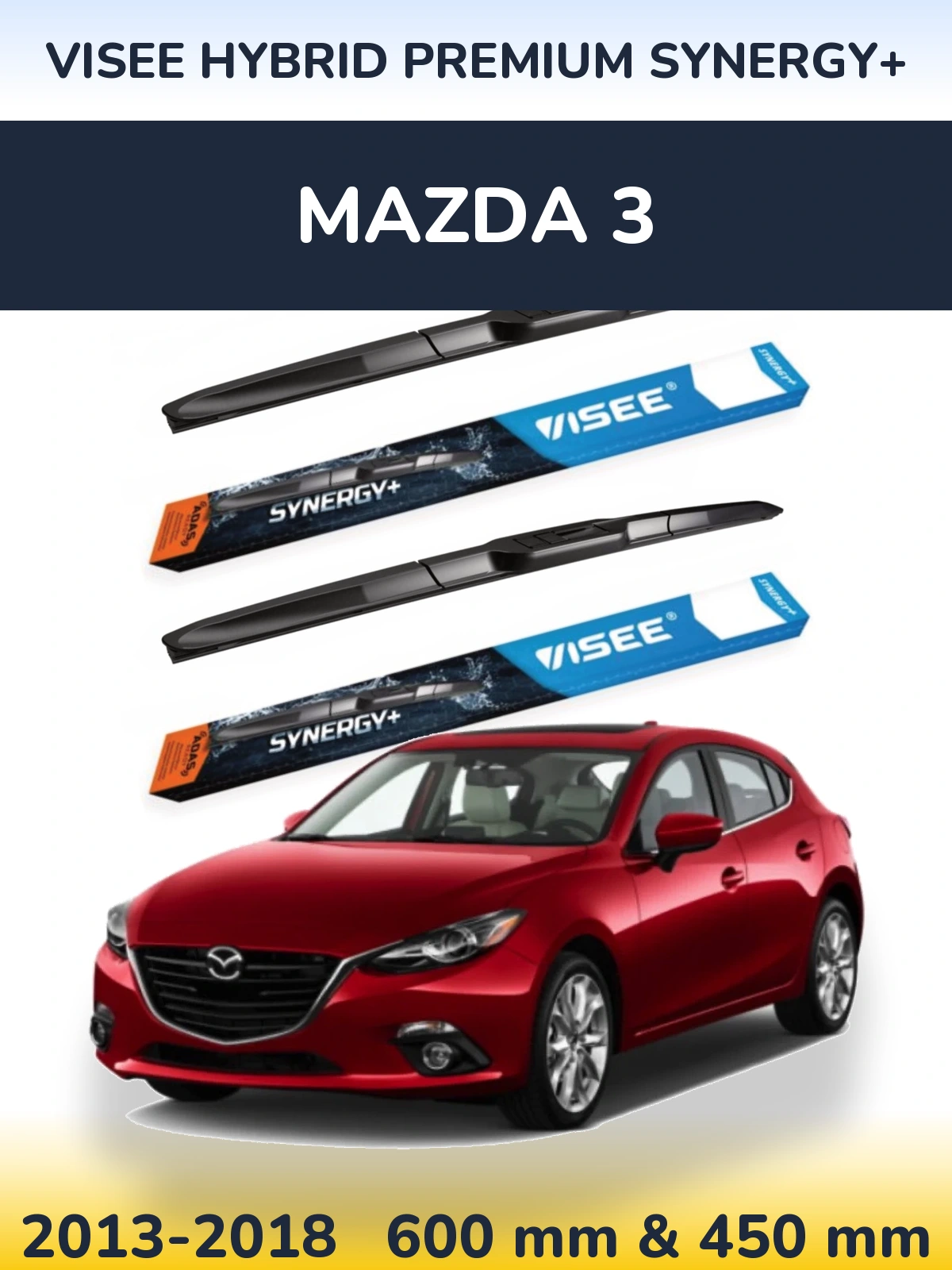 Front wiper blade set VISEE HYBRID PREMIUM SYNERGY+ 600 & 450 mm for Mazda 3 2013-2018