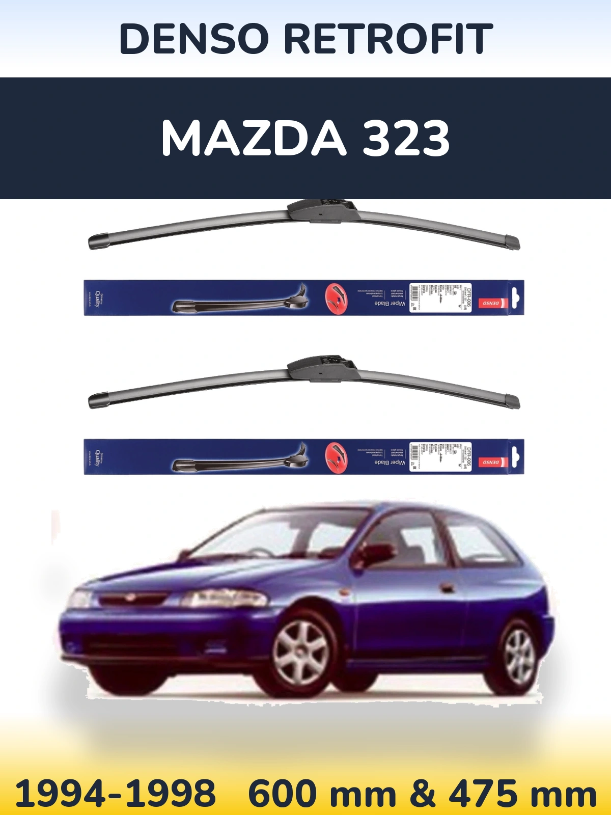 Front wiper blade set Denso Retrofit 600 & 475 mm for Mazda 323 1994-1998