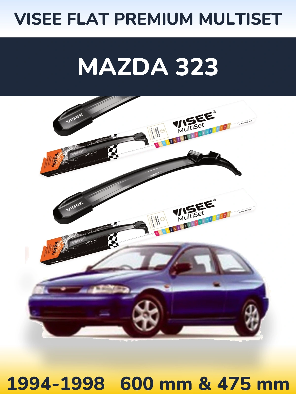 Front wiper blade set VISEE FLAT PREMIUM MultiSet 600 & 475 mm for Mazda 323 1994-1998