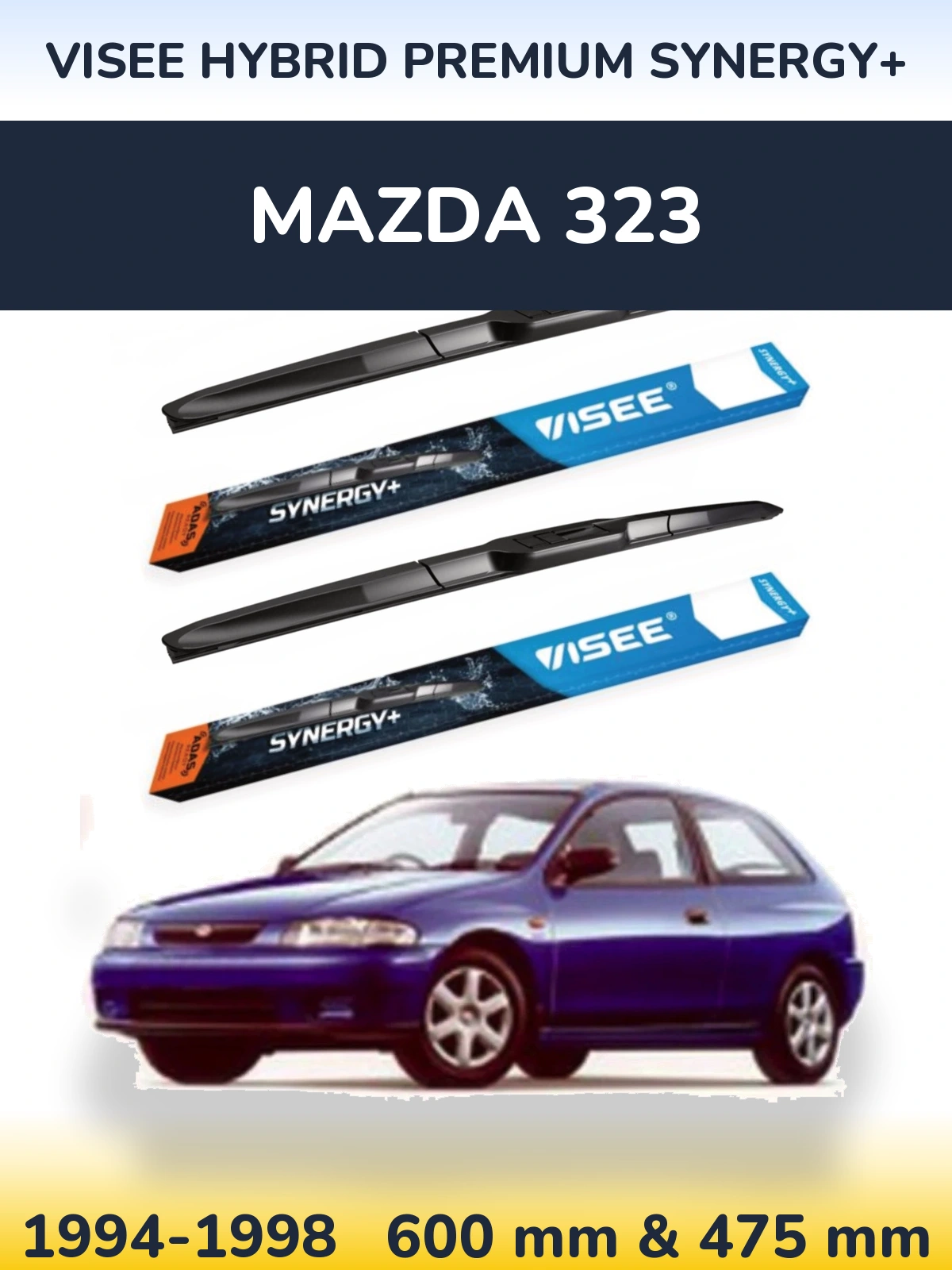 Front wiper blade set VISEE HYBRID PREMIUM SYNERGY+ 600 & 475 mm for Mazda 323 1994-1998