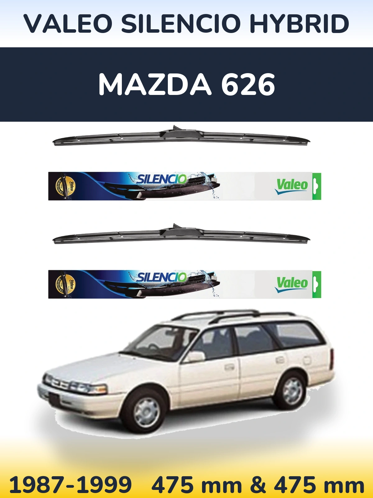 Komplet przednich wycieraczek Valeo Silencio Hybrid 475 & 475 mm do Mazda 626 1987-1999