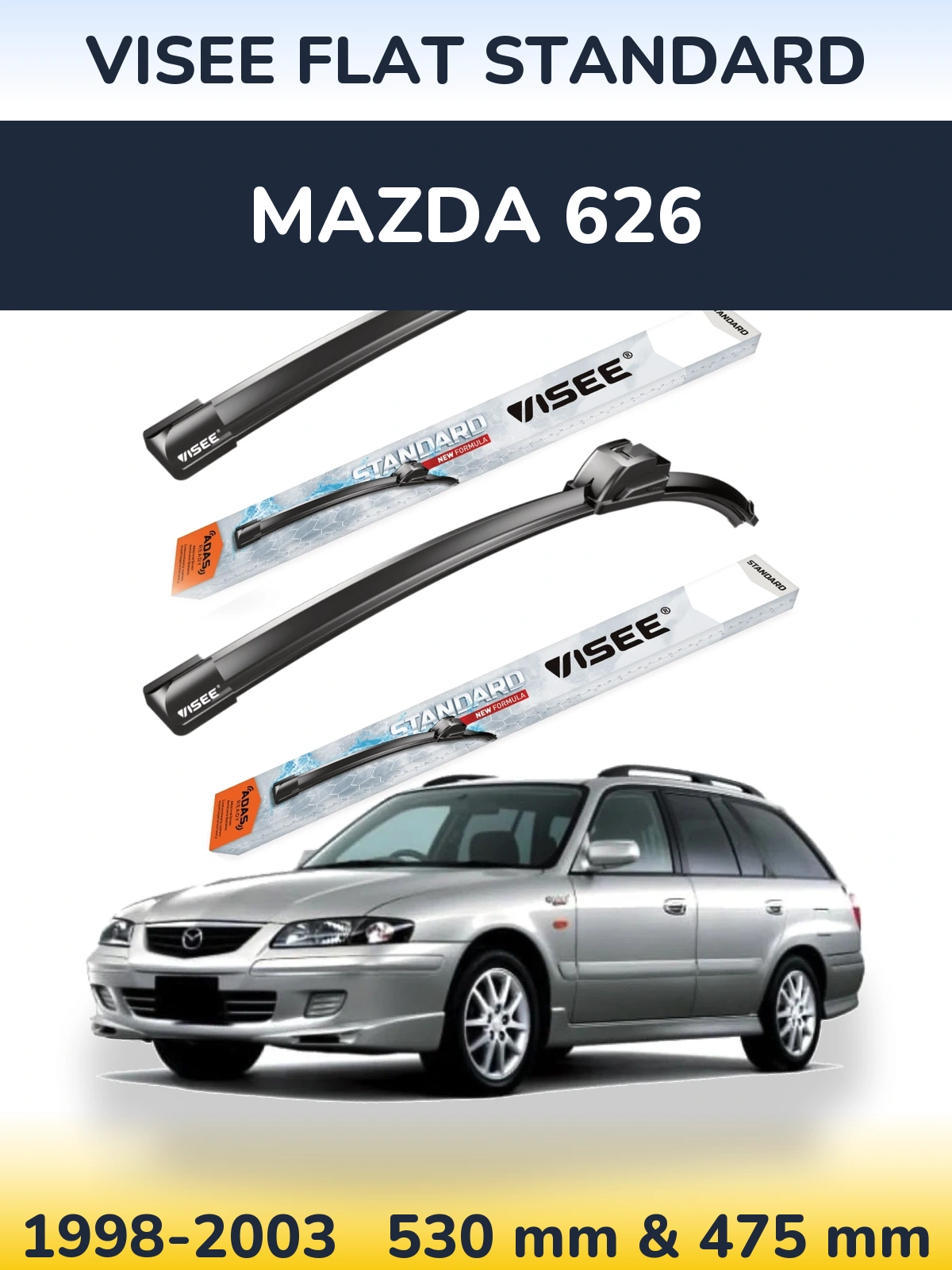 Front wiper blade set VISEE FLAT STANDARD 530 & 475 mm for Mazda 626 1998-2003