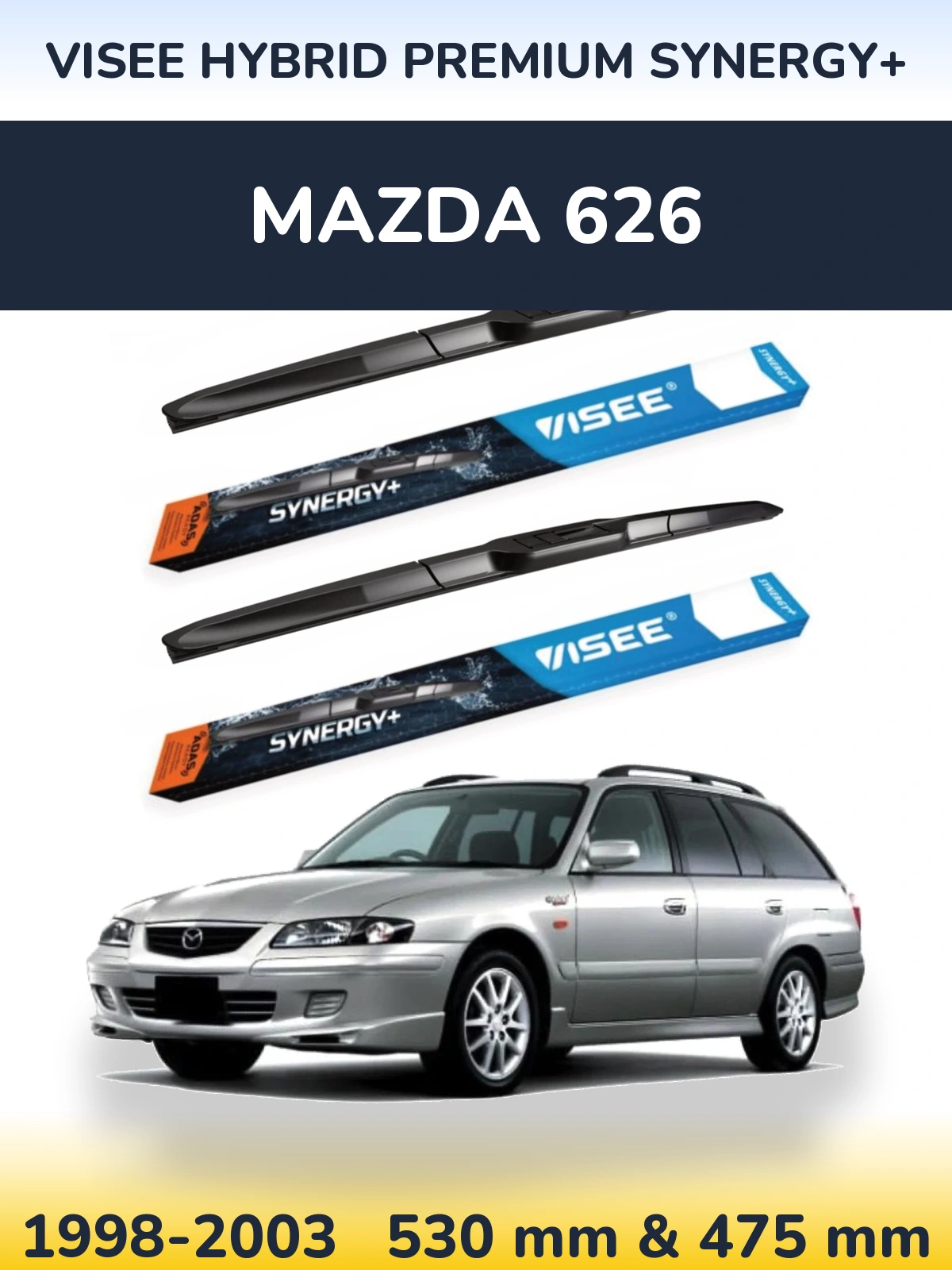 Front wiper blade set VISEE HYBRID PREMIUM SYNERGY+ 530 & 475 mm for Mazda 626 1998-2003