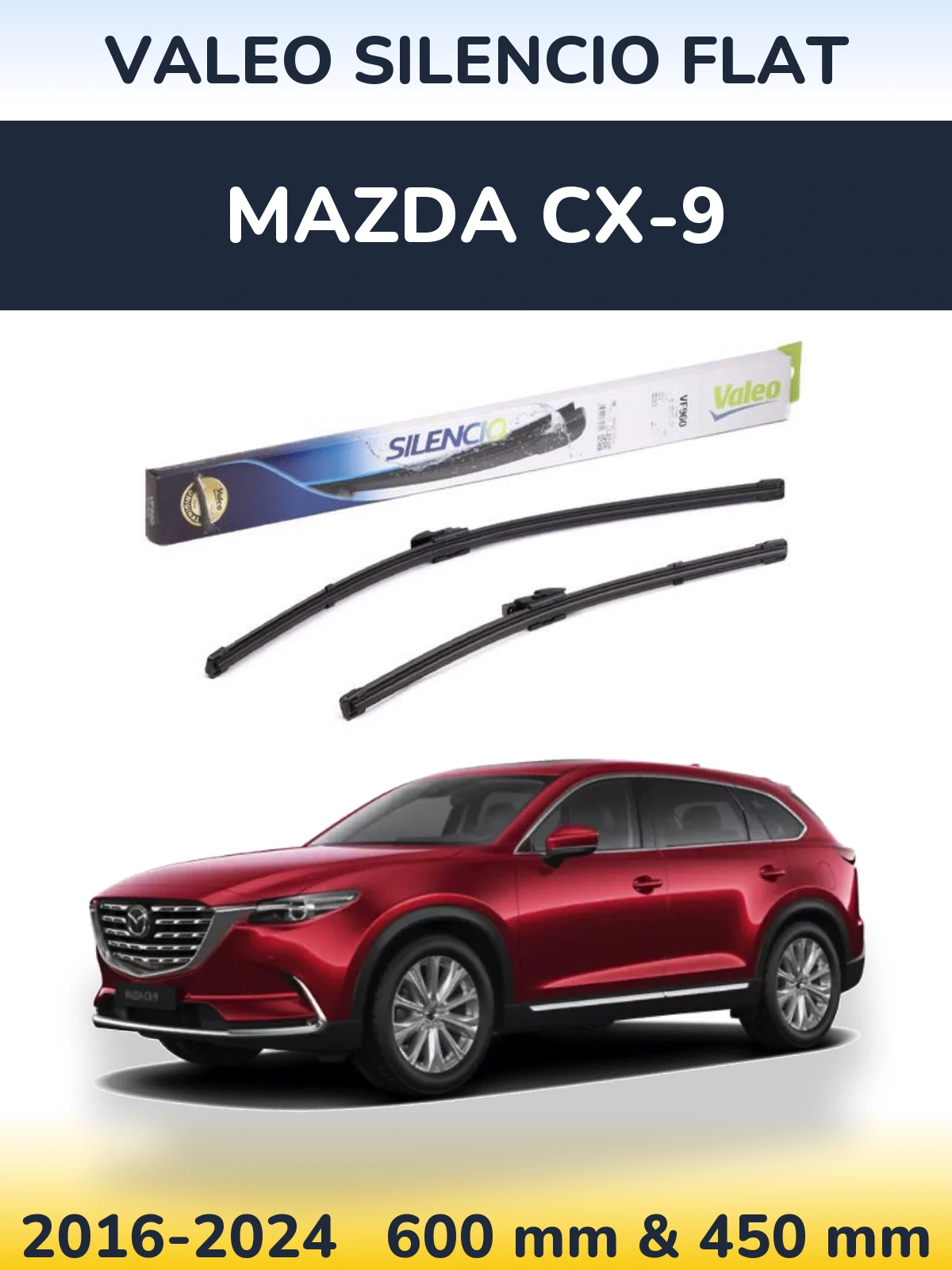 Front wiper blade set Valeo Silencio Flat 600 & 450 mm for Mazda CX-9 2016-2024