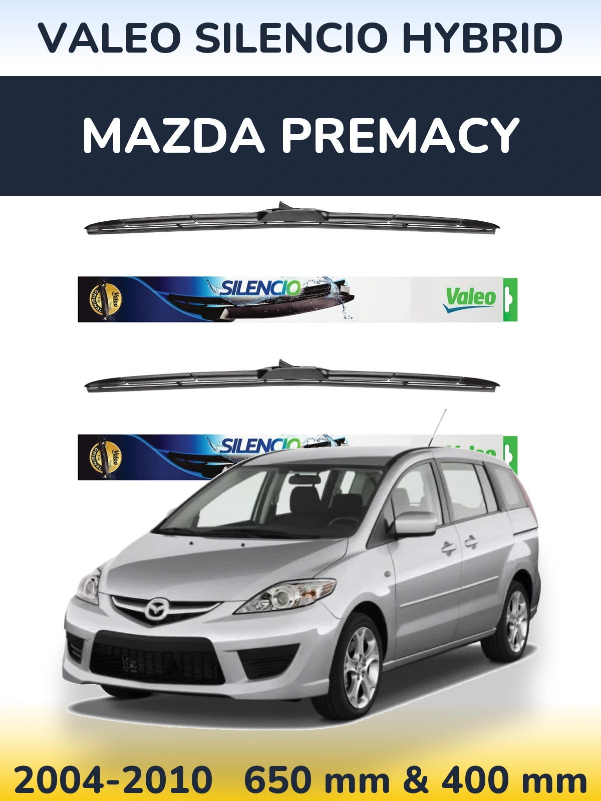 Komplet przednich wycieraczek Valeo Silencio Hybrid 650 & 400 mm do Mazda Premacy 2004-2010