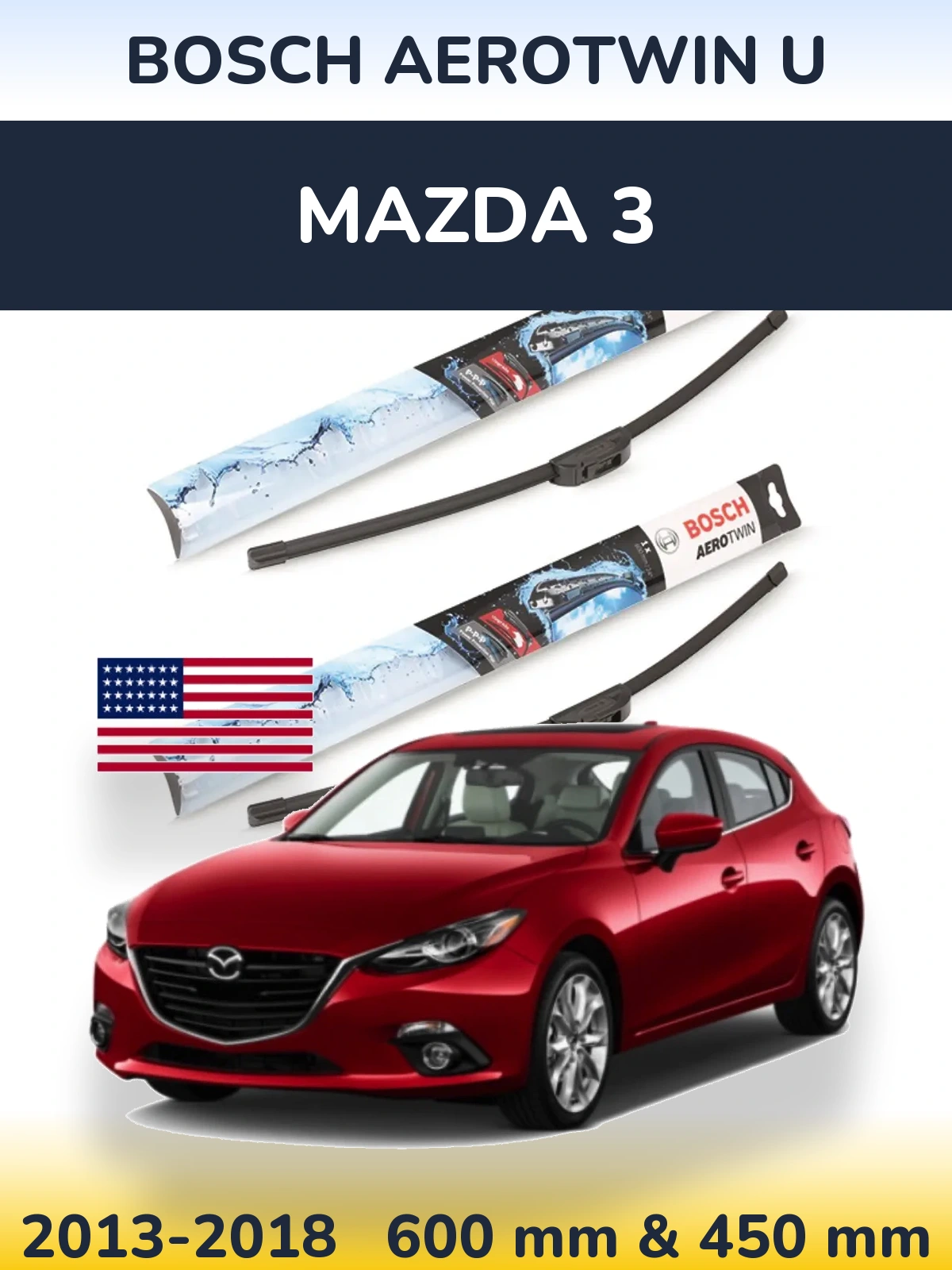 Front wiper blade set BOSCH AeroTwin U 600 & 450 mm for Mazda 3 2013-2018
