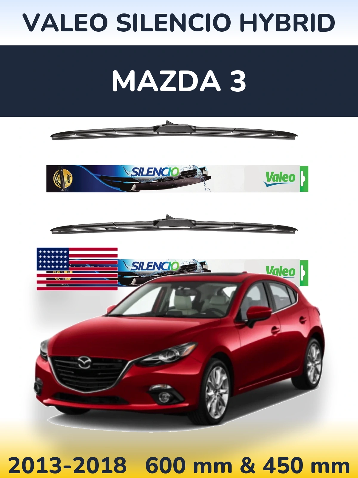 Front wiper blade set Valeo Silencio Hybrid 600 & 450 mm for Mazda 3 2013-2018