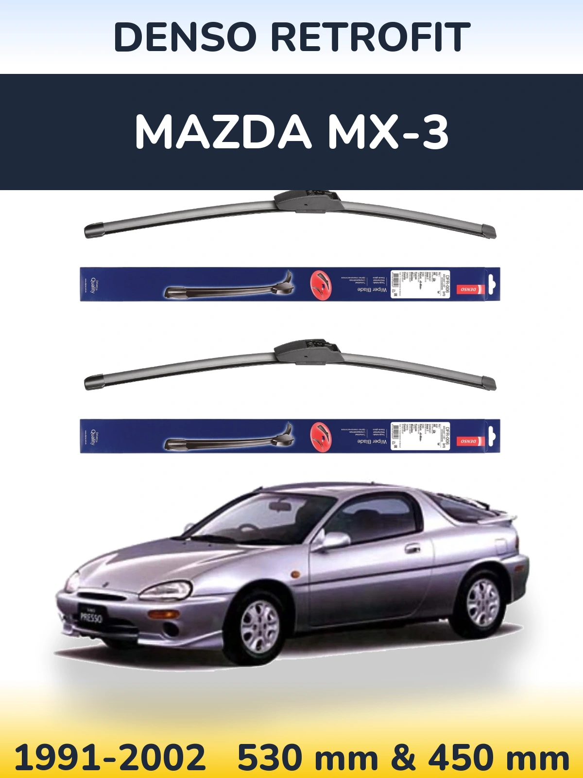 Komplet przednich wycieraczek Denso Retrofit 530 & 450 mm do Mazda MX-3 1991-2002