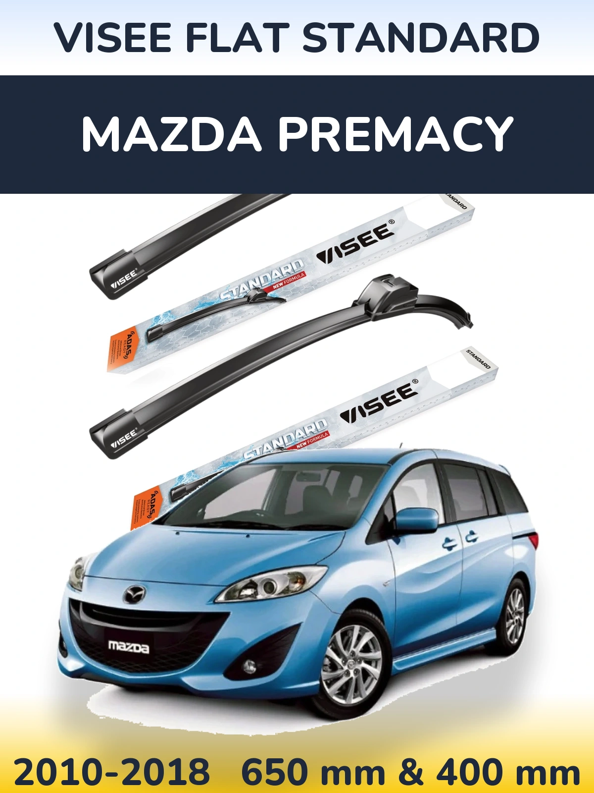 Komplet przednich wycieraczek VISEE FLAT STANDARD 650 & 400 mm do Mazda Premacy 2010-2018