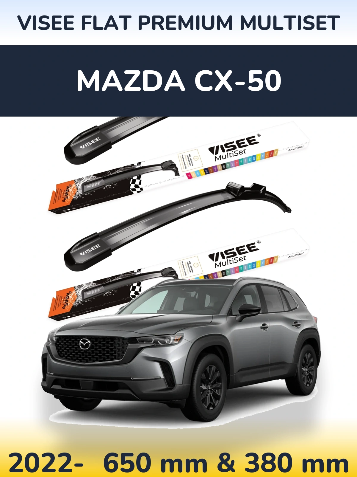 Komplet przednich wycieraczek VISEE FLAT PREMIUM MultiSet 650 & 380 mm do Mazda CX-50 2022-2026