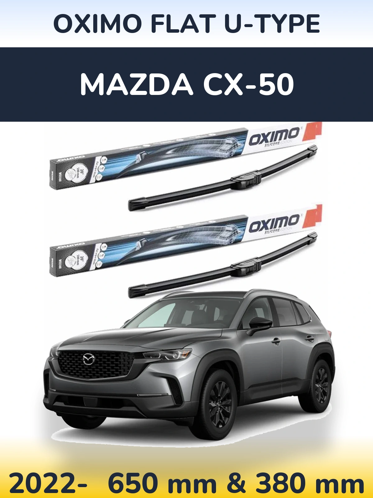 Комплект передних дворников Oximo Flat U-type 650 & 380 мм для Mazda CX-50 2022-2026