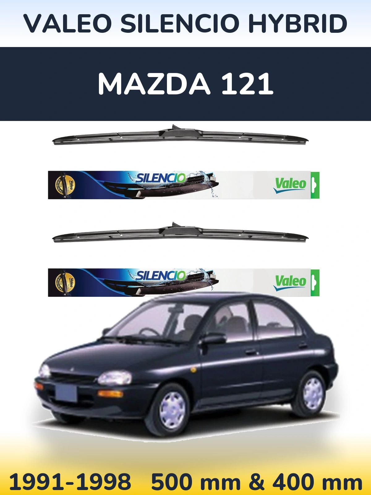 Komplet przednich wycieraczek Valeo Silencio Hybrid 500 & 400 mm do Mazda 121 1991-1998