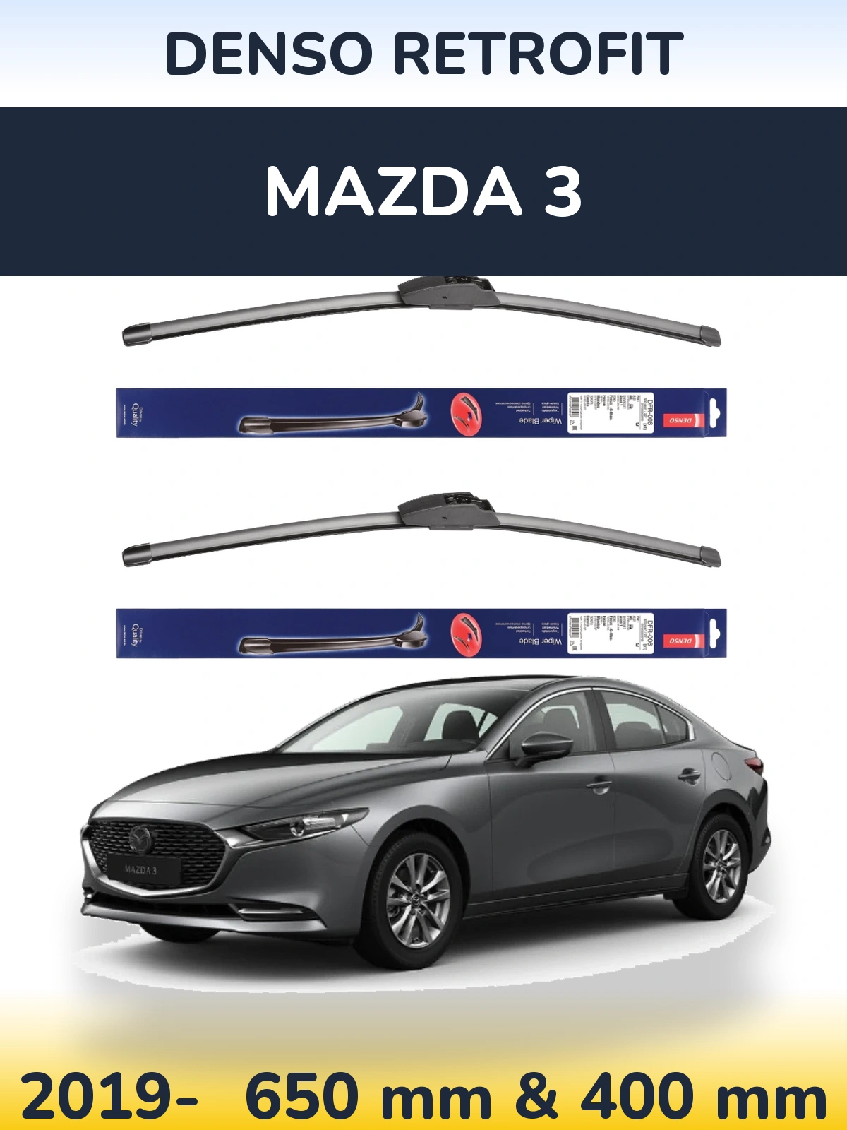 Komplet przednich wycieraczek Denso Retrofit 650 & 400 mm do Mazda 3 2019-2026