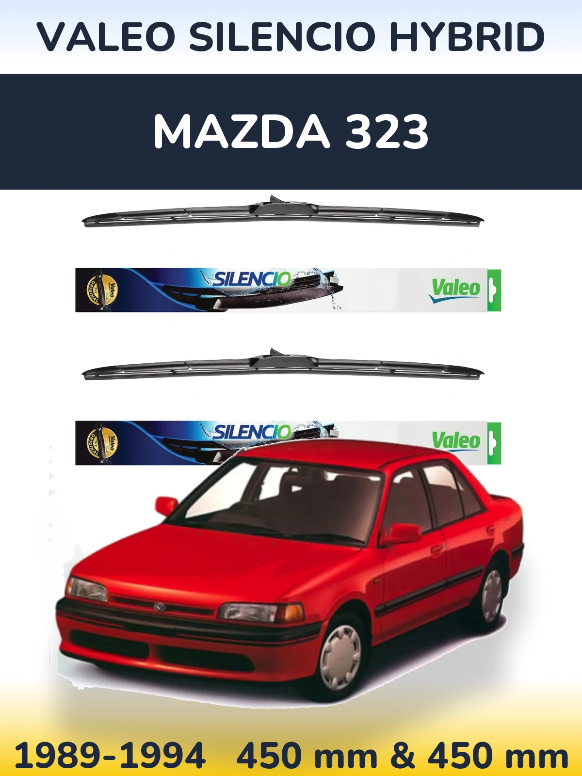 Komplet przednich wycieraczek Valeo Silencio Hybrid 450 & 450 mm do Mazda 323 1989-1994