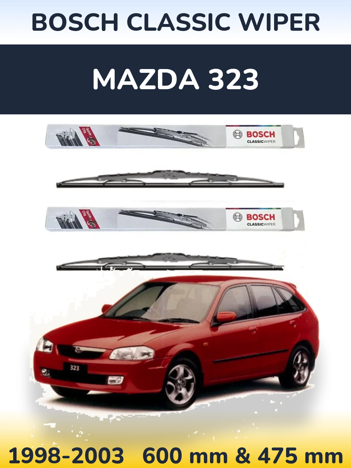 Front wiper blade set BOSCH Classic Wiper 600 & 475 mm for Mazda 323 1998-2003