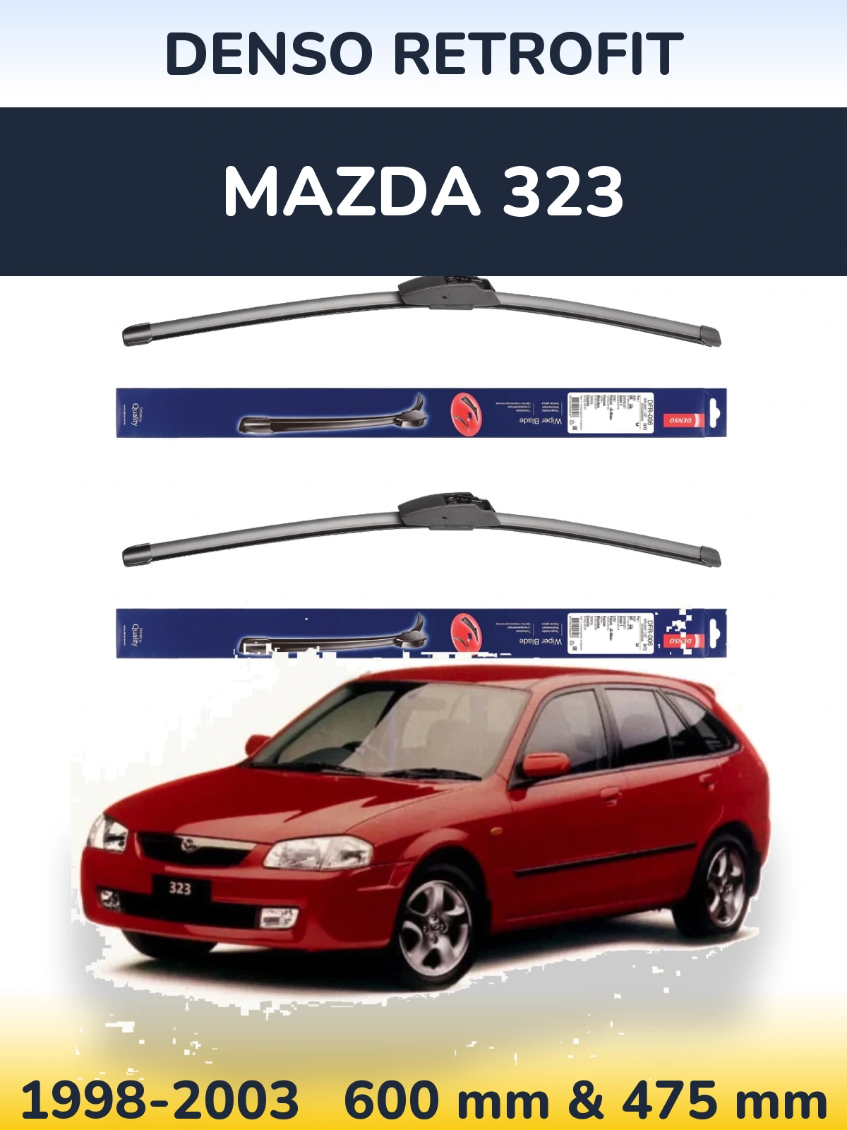 Front wiper blade set Denso Retrofit 600 & 475 mm for Mazda 323 1998-2003