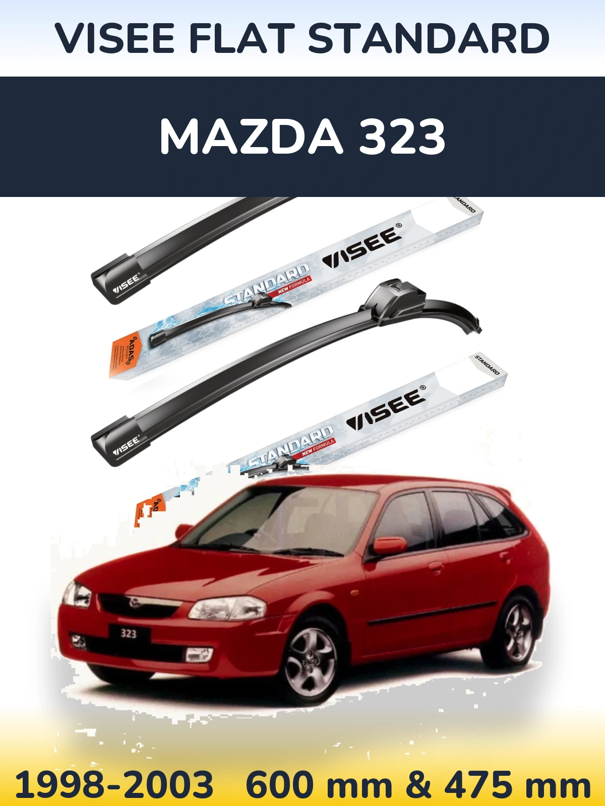 Front wiper blade set VISEE FLAT STANDARD 600 & 475 mm for Mazda 323 1998-2003