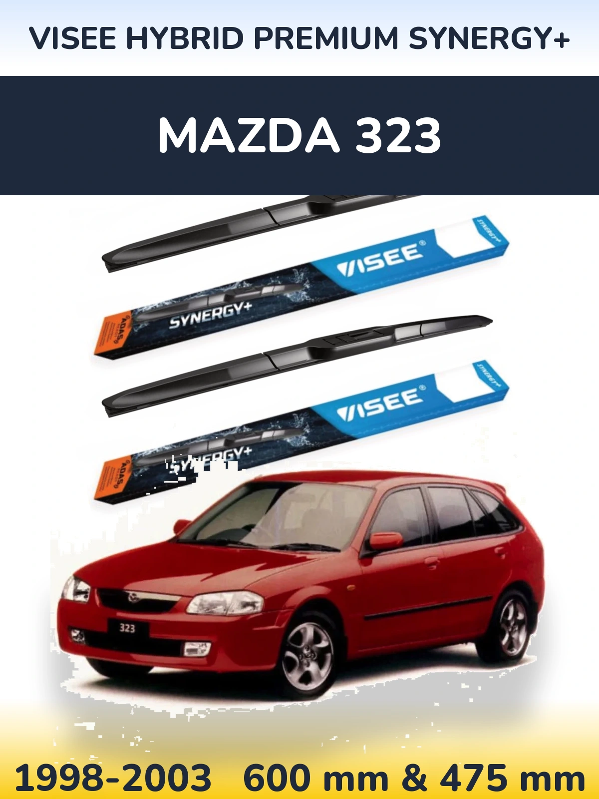 Front wiper blade set VISEE HYBRID PREMIUM SYNERGY+ 600 & 475 mm for Mazda 323 1998-2003