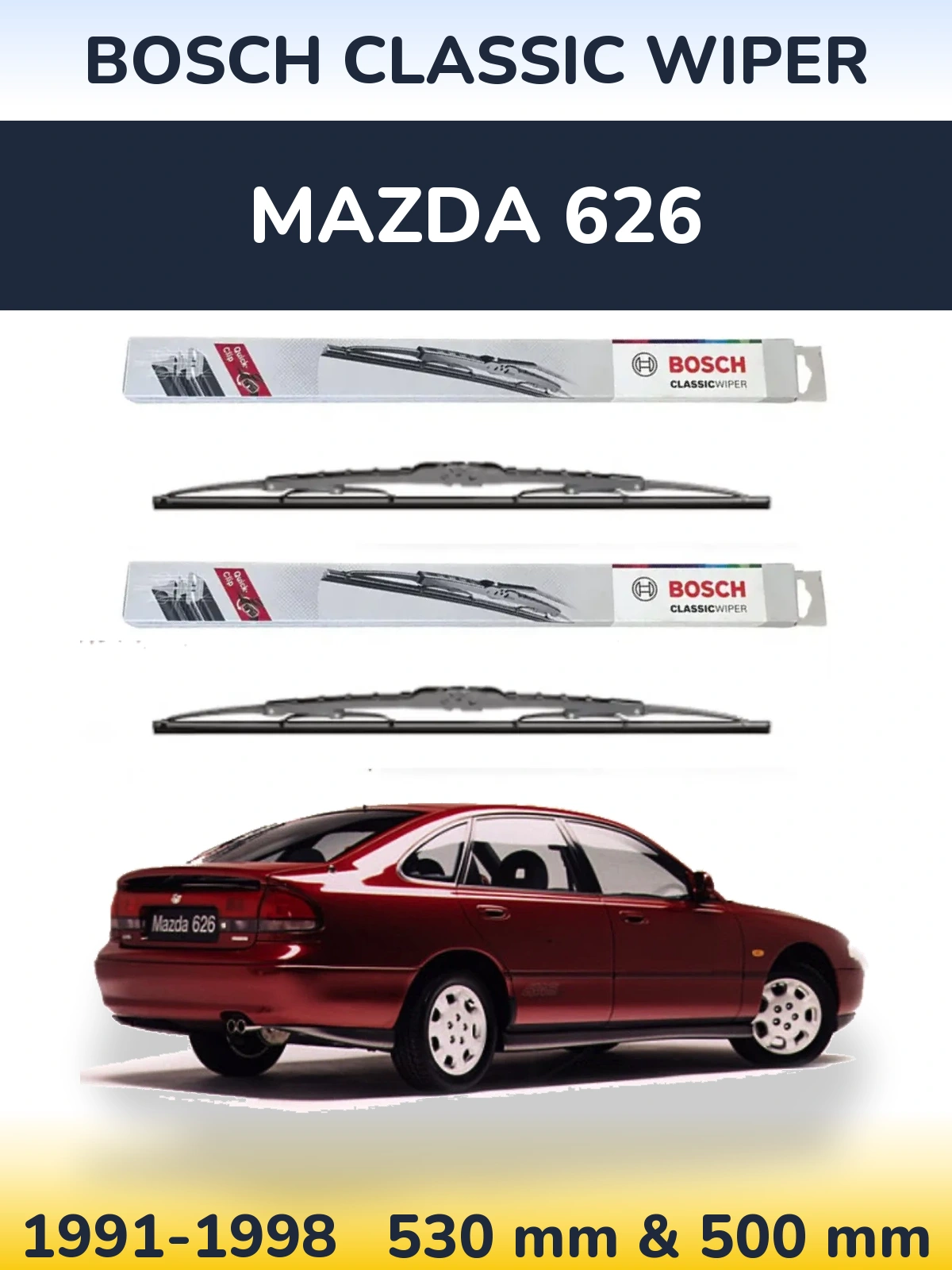 Front wiper blade set BOSCH Classic Wiper 530 & 500 mm for Mazda 626 1991-1998